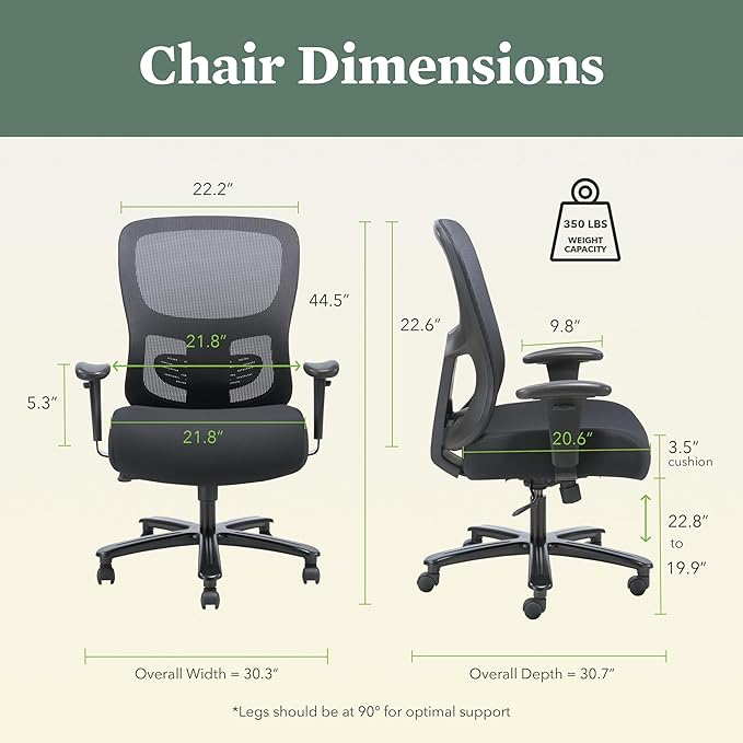 HON Sadie Big and Tall Office Chair, Ergonomic Office Chair with Mesh Back, Lumbar Support, Home Office Desk Chairs, 400 lb Max, Black - LeafyLoom
