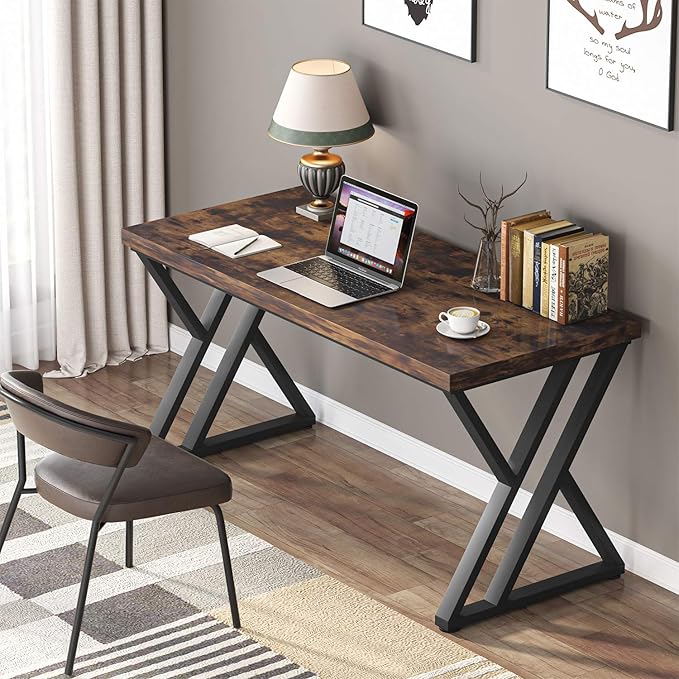 55 Inch Large Simple Industrial Computer Desk Study Writing Table Home Office Workstation,Rustic Brown - LeafyLoom