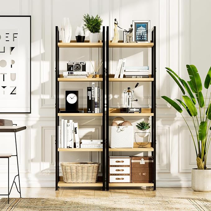NUMENN Narrow Bookshelf, 5 Tier Bookshelves, Home Office Bookcase Shelf Storage Organizer, Free Standing Storage Shelving Unit for Bedroom, Living Room and Home Office, Natural - LeafyLoom