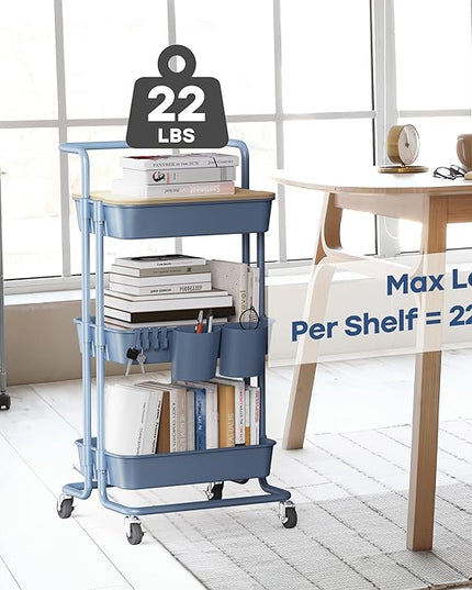 DTK 3 Tier Utility Cart with Cover Board, Rolling Cart with Lockable Wheels, Cups, Hooks for Home Office, Art Craft Storage, Home School Organization and More Uses(Blue) - LeafyLoom