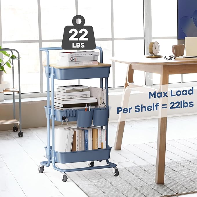 DTK 3 Tier Utility Cart with Cover Board, Rolling Cart with Lockable Wheels, Cups, Hooks for Home Office, Art Craft Storage, Home School Organization and More Uses(Blue) - LeafyLoom