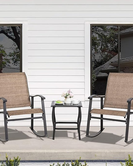 Shintenchi 3 Piece Rocking Bistro Set, Outdoor Furniture with Rocker Chairs and Glass coffee table set of 3, Balcony, Porch Furniture for Small Space, Brown - LeafyLoom