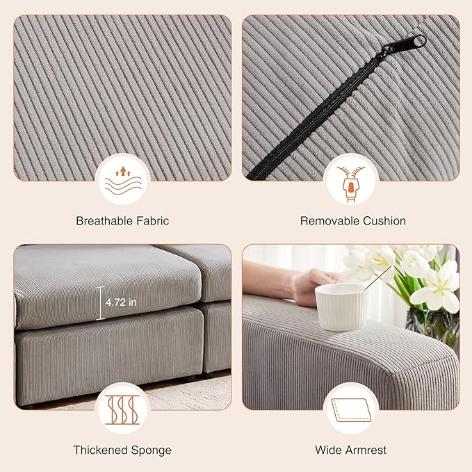Sweetcrispy Convertible Modular Sectional Sofa, 3 Seat Sectional Couches for Living Room, Basic Shape Modern Fabric Modular Sofa Sleeper with Double Chaise for Home, Apartment, Dorm, Grey - LeafyLoom