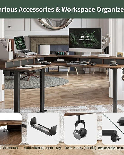 FEZIBO 63" L Shaped Standing Desk with 4 Drawers, Electric Standing Gaming Desk Adjustable Height, Corner Stand up Desk with Splice Board, Black Frame/Black Walnut Top - LeafyLoom