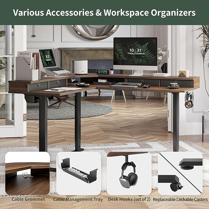 FEZIBO 63" L Shaped Standing Desk with 4 Drawers, Electric Standing Gaming Desk Adjustable Height, Corner Stand up Desk with Splice Board, Black Frame/Black Walnut Top - LeafyLoom