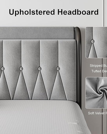 Feonase Full Size Bed Frame with Type-C & USB Port, Fast Charging Metal Platform Beds, Velvet Upholstered Headboard & Footboard, 12" Under Bed Storage Space, Easy Assembly, Noise-Free, Gray - LeafyLoom