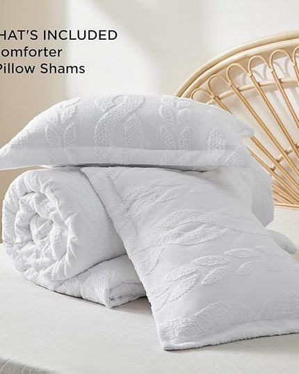 Bedsure King Size Comforter Set White, Boho Tufted Bedding Comforter Set, Farmhouse Jacquard Cable Knit Pattern Bed Set, 3 Pieces, 1 Shabby Chic Fluffy Comforter & 2 Pillow Shams - LeafyLoom