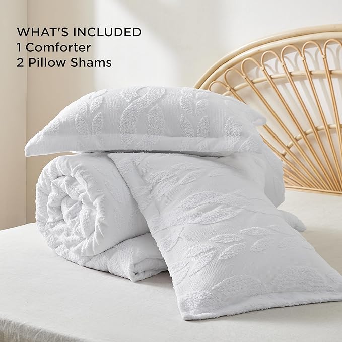 Bedsure King Size Comforter Set White, Boho Tufted Bedding Comforter Set, Farmhouse Jacquard Cable Knit Pattern Bed Set, 3 Pieces, 1 Shabby Chic Fluffy Comforter & 2 Pillow Shams - LeafyLoom