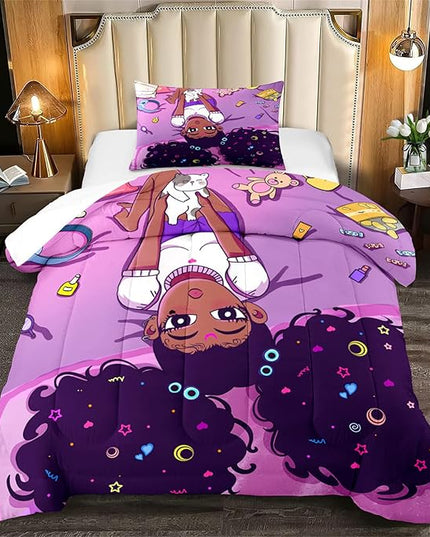 Cute African American Girls Comforter Set for Girls Room Pink Twin Comforter Set for Girls 2 Piece Afro Black Girls Bedding Set with 1 Pillowcase Snacks Bear Girls Quilt, Twin Size - LeafyLoom