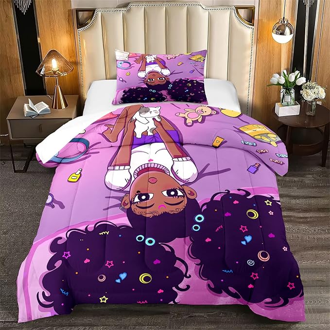 Cute African American Girls Comforter Set for Girls Room Pink Twin Comforter Set for Girls 2 Piece Afro Black Girls Bedding Set with 1 Pillowcase Snacks Bear Girls Quilt, Twin Size - LeafyLoom