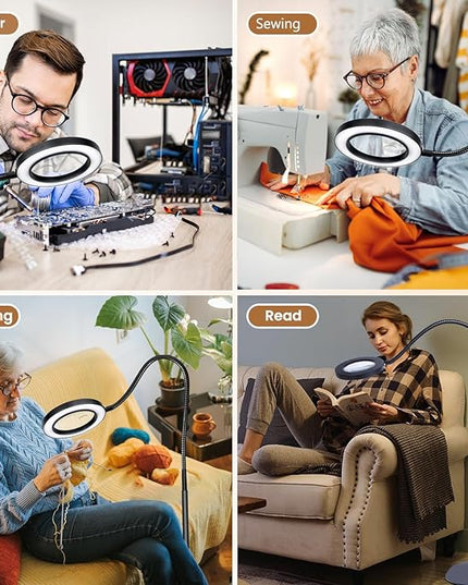 5X 10X Magnifying Glass with Light and Stand, 2-in-1Magnifying Floor Lamp with 36 Adjustable Brightness LED, Flexible Gooseneck Floor Standing Magnifying Lamp for Close Work, Craft, Reading - LeafyLoom