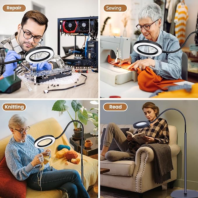 5X 10X Magnifying Glass with Light and Stand, 2-in-1Magnifying Floor Lamp with 36 Adjustable Brightness LED, Flexible Gooseneck Floor Standing Magnifying Lamp for Close Work, Craft, Reading - LeafyLoom