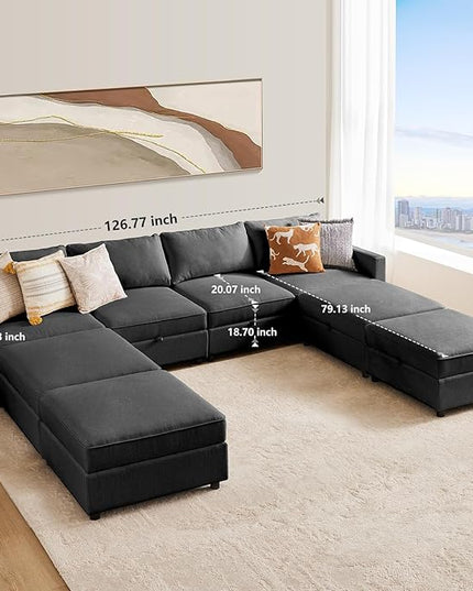 Sweetcrispy Convertible Sectional Sofa Couch, 8 Seat Sofa Set with Storage for Living Room, U-Shaped Modern Modular Sofa Sleeper with Reversible Chaise, Oversized Modular Sectional Sofa, Grey - LeafyLoom