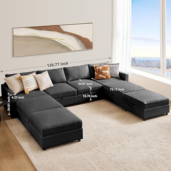 Sweetcrispy Convertible Sectional Sofa Couch, 8 Seat Sofa Set with Storage for Living Room, U-Shaped Modern Modular Sofa Sleeper with Reversible Chaise, Oversized Modular Sectional Sofa, Grey - LeafyLoom