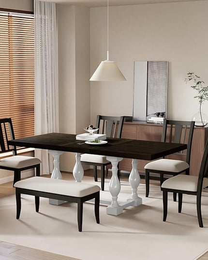 Merax 6-Piece Dining Set with 78inch Trestle Extendable Rectangular Table and 18inch Removable Leaf, Including 4 Padded Chairs & Linen Upholstered Bench for Living Room, Kitchen, Brown - LeafyLoom