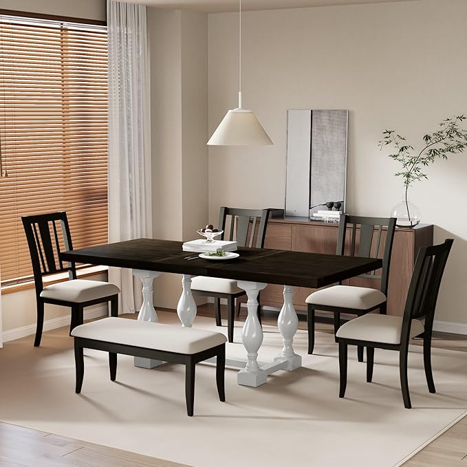 Merax 6-Piece Dining Set with 78inch Trestle Extendable Rectangular Table and 18inch Removable Leaf, Including 4 Padded Chairs & Linen Upholstered Bench for Living Room, Kitchen, Brown - LeafyLoom