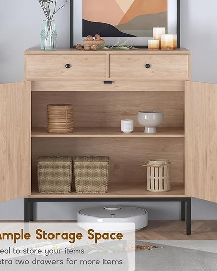 XIAO WEI Sideboard Cabinet with Handmade Natural Rattan Doors and Drawers, Rattan Cabinet Console Table Storage Cabinet Buffet Cabinet, for Kitchen, Living Room, Hallway, Entryway, Natural - LeafyLoom
