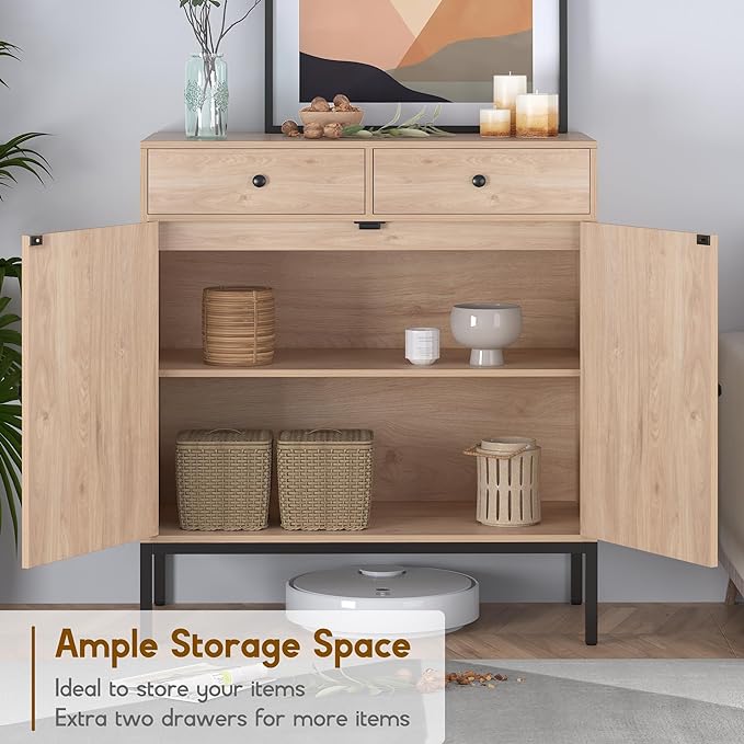 XIAO WEI Sideboard Cabinet with Handmade Natural Rattan Doors and Drawers, Rattan Cabinet Console Table Storage Cabinet Buffet Cabinet, for Kitchen, Living Room, Hallway, Entryway, Natural - LeafyLoom