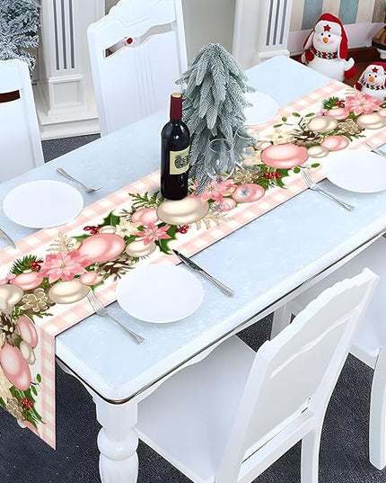 Nepnuser Pink Christmas Table Runner Pink and White Buffalo Check Plaid Xmas Decoration Seasonal Winter Holiday Home Kitchen Island Dining Room Decor Nepnuser
