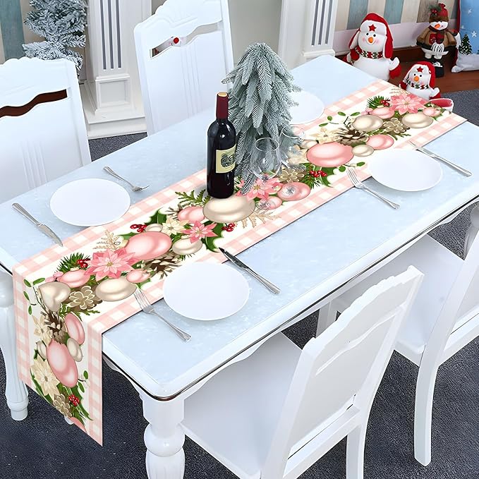 Nepnuser Pink Christmas Table Runner Pink and White Buffalo Check Plaid Xmas Decoration Seasonal Winter Holiday Home Kitchen Island Dining Room Decor Nepnuser