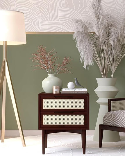 Bme Nightstand Oliver Solid Wood Rattan Side End Table, Fully Assembled, for Bohemian & Mid Century Style Bedroom and Living Room, Walnut - LeafyLoom