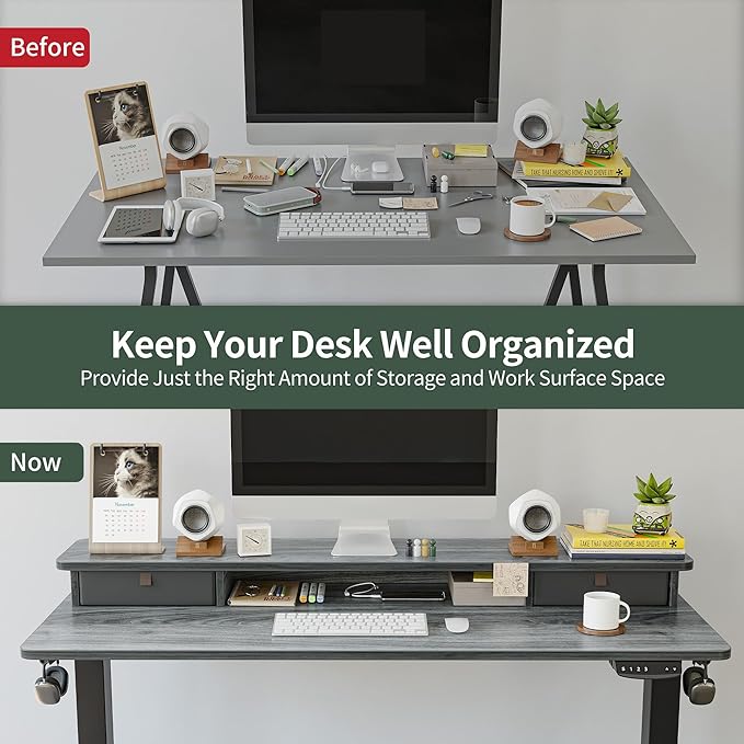 FEZIBO 60 x 24 Inch Height Adjustable Electric Standing Desk with Double Drawer, Stand Up Desk with Storage Shelf, Sit Stand Desk, Grey - LeafyLoom