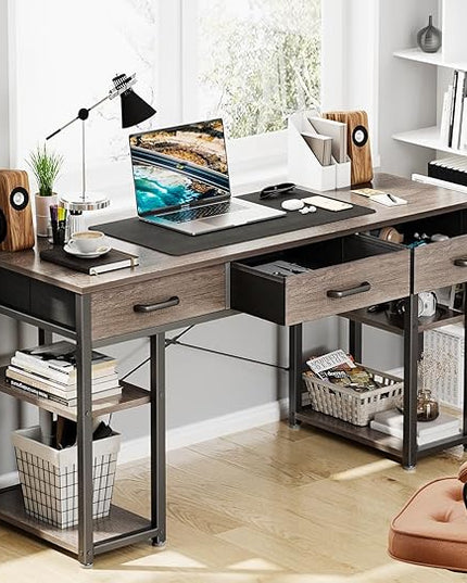 ODK Office Small Computer Desk: Home Table with Fabric Drawers & Storage Shelves, Modern Writing Desk, Grey Oak, 48"x16" - LeafyLoom