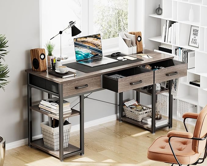 ODK Office Small Computer Desk: Home Table with Fabric Drawers & Storage Shelves, Modern Writing Desk, Grey Oak, 48"x16" - LeafyLoom