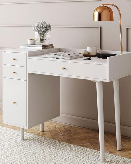 Nathan James Daisy Vanity Dressing Table or Makeup Desk with 4-Drawers and Brass Accent Knobs, White Wood - LeafyLoom