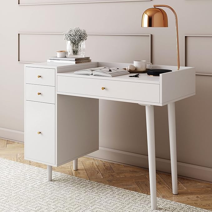 Nathan James Daisy Vanity Dressing Table or Makeup Desk with 4-Drawers and Brass Accent Knobs, White Wood - LeafyLoom