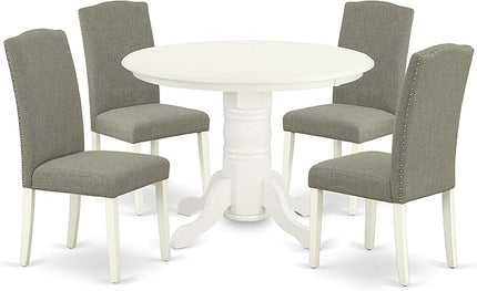 East West Furniture SHEN5-LWH-06 5 Piece Kitchen Set Includes a Round Dining Room Table with Pedestal and 4 Dark Shitake Linen Fabric Upholstered Chairs, 42x42 Inch - LeafyLoom