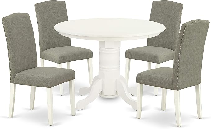East West Furniture SHEN5-LWH-06 5 Piece Kitchen Set Includes a Round Dining Room Table with Pedestal and 4 Dark Shitake Linen Fabric Upholstered Chairs, 42x42 Inch - LeafyLoom