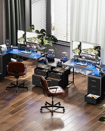 Unikito Reversible L Shaped Computer Desk with Fabric File Drawers, 70.8" Large Office Corner Desk with RGB LED Lights & Power Outlets & Monitor Stand & CPU Stand, Sturdy L Shape Gaming Desk, Black - LeafyLoom