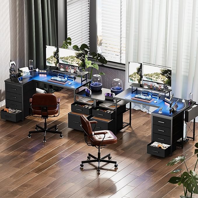 Unikito Reversible L Shaped Computer Desk with Fabric File Drawers, 70.8" Large Office Corner Desk with RGB LED Lights & Power Outlets & Monitor Stand & CPU Stand, Sturdy L Shape Gaming Desk, Black - LeafyLoom