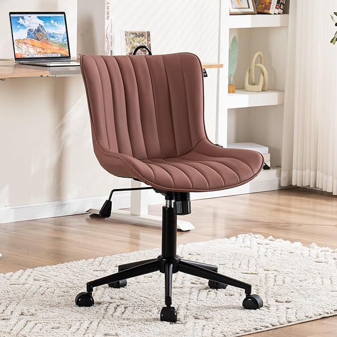 YOUNIKE Armless Office Chair with Wheels Leather Swivel Desk Chair Upholstered Adjustable Computer Task Chair Modern Rolling Vanity Chair Rocking Gaming Chair Dusty Rose Pink - LeafyLoom