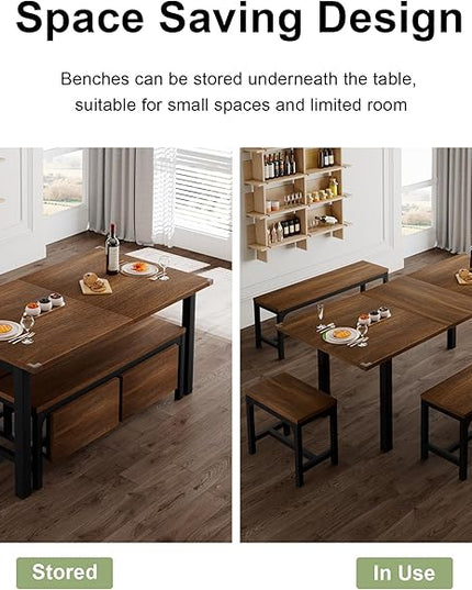 Feonase 5-Piece Dining Table Set for 4-8 People, 63" Extendable Kitchen Table Set with 2 Benches and 2 Square Stools, Dining Room Table with Heavy-Duty Frame, Easy Assembly, Walnut - LeafyLoom