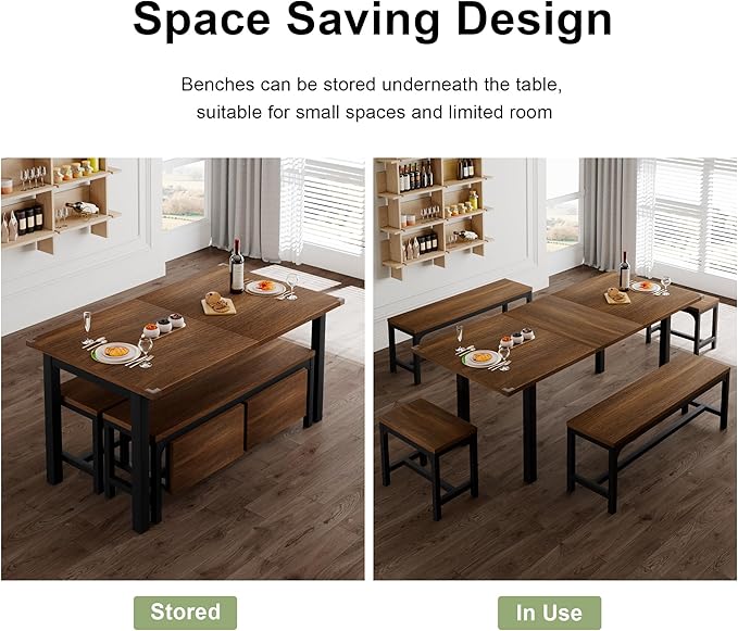 Feonase 5-Piece Dining Table Set for 4-8 People, 63" Extendable Kitchen Table Set with 2 Benches and 2 Square Stools, Dining Room Table with Heavy-Duty Frame, Easy Assembly, Walnut - LeafyLoom