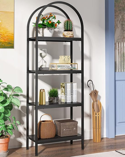4-tier Arched Bookshelf, Tall Open Bookcase Storage Shelves, Wood Metal Freestanding Display Rack Tall Shelving Unit for Home Office, Bedroom, Living Room, Industrial Black - LeafyLoom