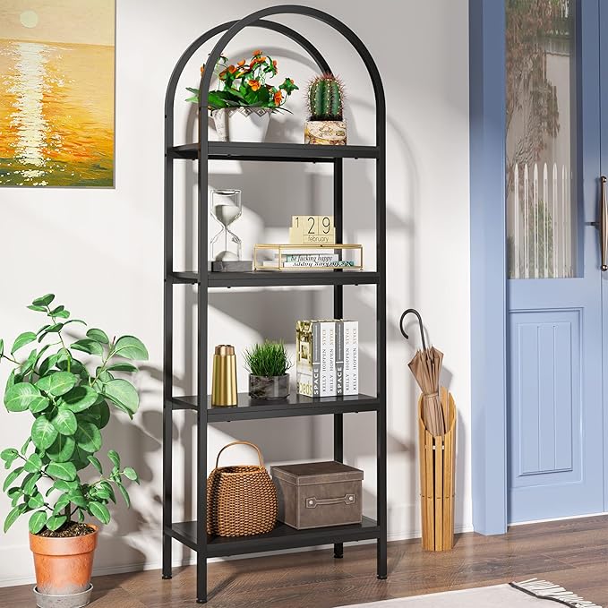 4-tier Arched Bookshelf, Tall Open Bookcase Storage Shelves, Wood Metal Freestanding Display Rack Tall Shelving Unit for Home Office, Bedroom, Living Room, Industrial Black - LeafyLoom