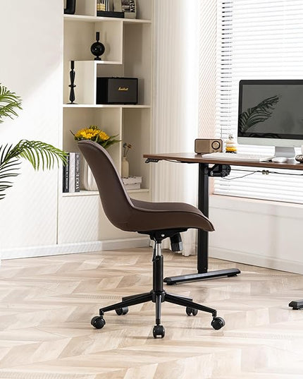 YOUNIKE Desk Chair with Wheels Armless Office Chair Swivel Rolling Task Chair with Back Upholstered Faux Leather Computer Chair Height Adjustable Modern Ergonomic Seat, Loads 300 lbs, Brown - LeafyLoom