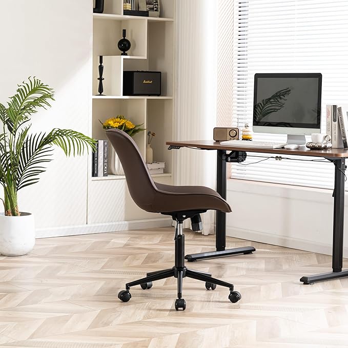 YOUNIKE Desk Chair with Wheels Armless Office Chair Swivel Rolling Task Chair with Back Upholstered Faux Leather Computer Chair Height Adjustable Modern Ergonomic Seat, Loads 300 lbs, Brown - LeafyLoom