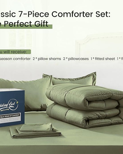 Full Size Bed in a Bag, 7 Pieces Comforter Set, Wood Grain Texture Bedding, Green Bed Set with Comforter, Pillowcases, Flat Sheet, Fitted Sheet and Pillow Shams - LeafyLoom