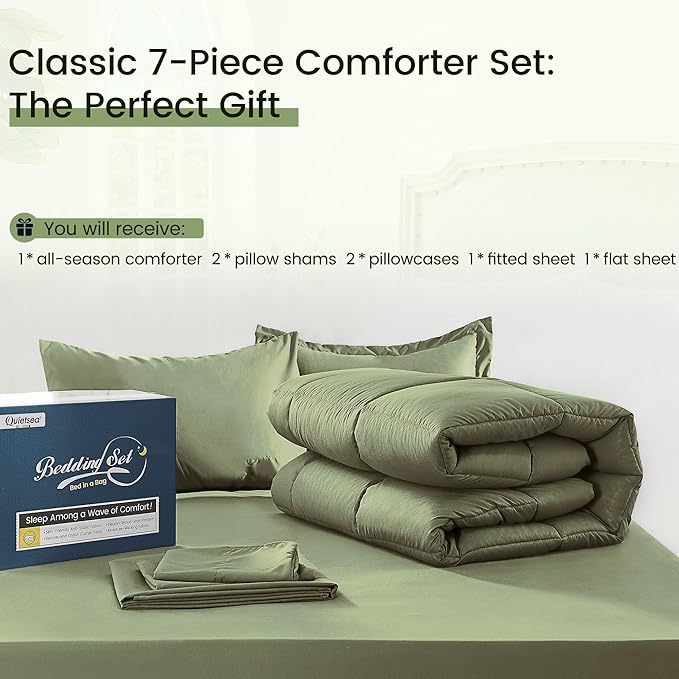 Full Size Bed in a Bag, 7 Pieces Comforter Set, Wood Grain Texture Bedding, Green Bed Set with Comforter, Pillowcases, Flat Sheet, Fitted Sheet and Pillow Shams - LeafyLoom