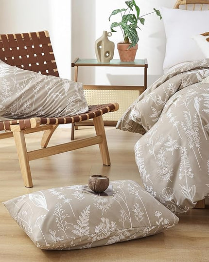 JANZAA King Size Comforter Set Floral Comforter Set 3 PCS Bedding Sets Oatmeal Comforter Set Plant Flowers Printed on Fluffy Comforter Set for All Season - LeafyLoom