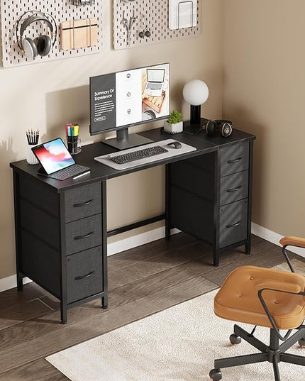 55'' Office Desk with 6 Fabric File Drawers - File Drawer Organization, Computer Work Desk, Study Writing Table, Home Office Workstation, Black. - LeafyLoom