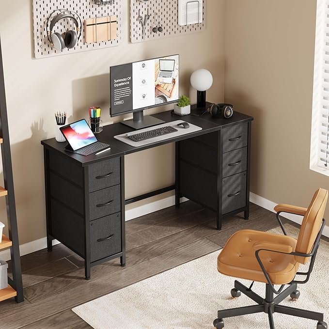 55'' Office Desk with 6 Fabric File Drawers - File Drawer Organization, Computer Work Desk, Study Writing Table, Home Office Workstation, Black. - LeafyLoom