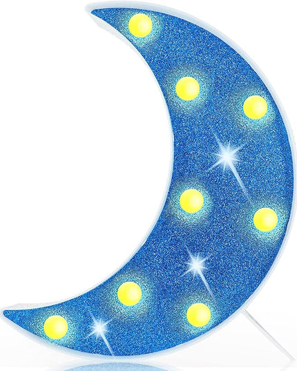 LED Moon Marquee Lights, Glitter LED Lighted Moon Lamp Decoration, Battery Operated Crescent Moon Night Light for Ramadan Home Table Baby Shower Party Decor, Shiny Blue Moon - LeafyLoom