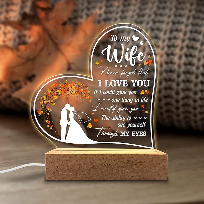 Acrylic Night Light Gifts for Wife - to My Wife Never Forget That I Love You - Wife Gifts from Husband to Wife on Valentines, Anniversary - Wife Birthday Gift Ideas - LeafyLoom