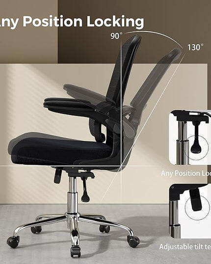 Ergonomic Office Chair, Breathable Mesh Chair with Adjustable Height, Computer Chair with a Double Lumbar Support and Flip-up Arms, Home Office Desk Chair with 90°-130° Tilt Function - LeafyLoom