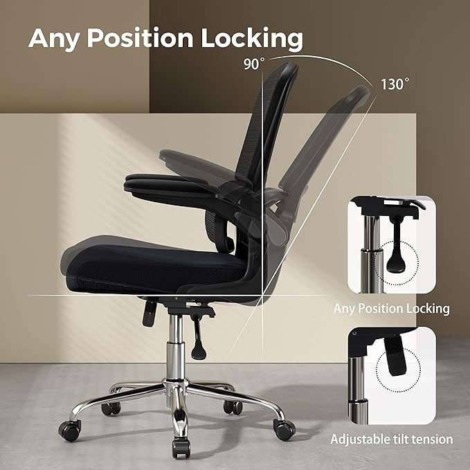 Ergonomic Office Chair, Breathable Mesh Chair with Adjustable Height, Computer Chair with a Double Lumbar Support and Flip-up Arms, Home Office Desk Chair with 90°-130° Tilt Function - LeafyLoom